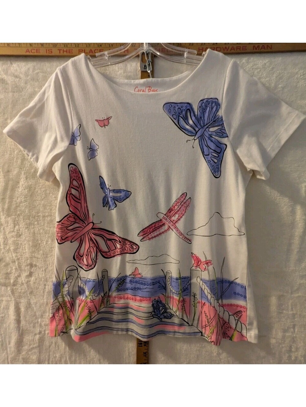 Coral Bay Butterfly Dragonfly Graphic T-Shirt Womens Medium White Coastal Beach